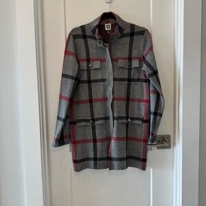 Anne Klein Gray and Red Plaid Sweater-Coat Small long zip up